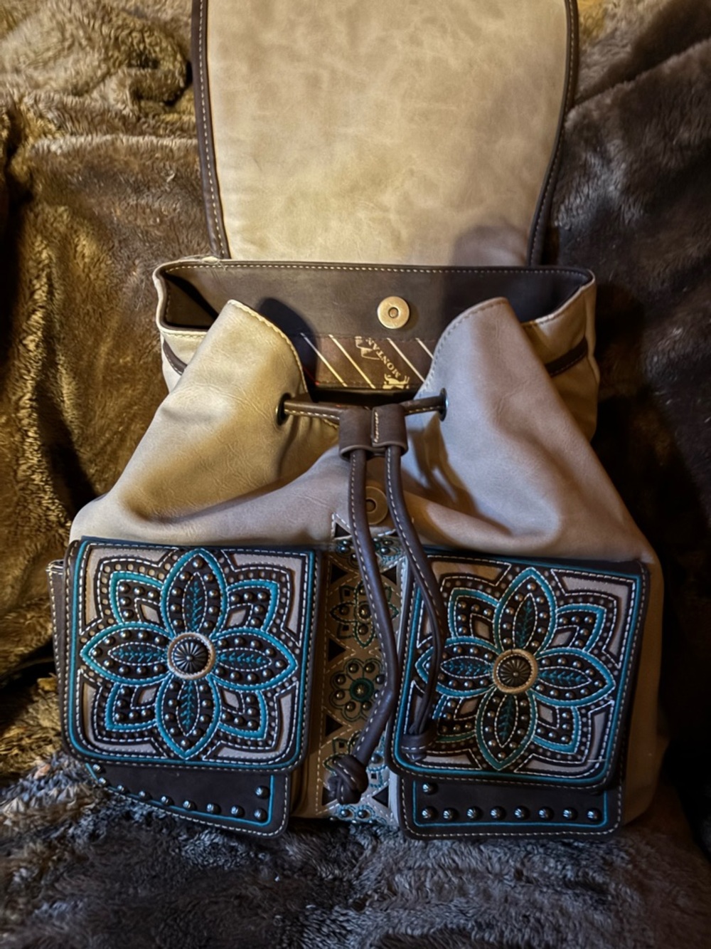 Montana West Teal & Brown Embroidered Floral Backpack - Picture 7 of 8